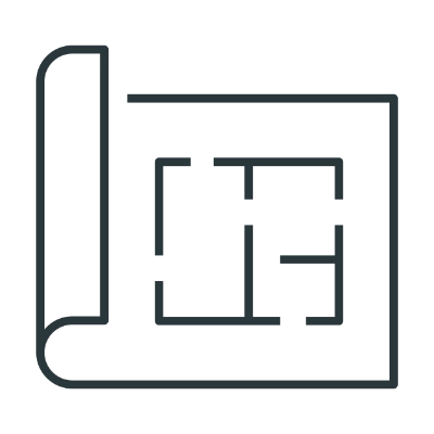 Icon of a rolled architectural blueprint with a basic floor plan design.