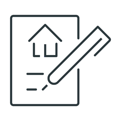 Icon of a document with a house symbol and a pencil, suggesting the act of signing or filling out real estate or housing-related paperwork.