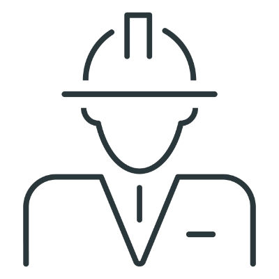 Line drawing of a person wearing a hard hat and a suit jacket with a name badge.