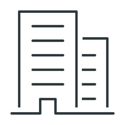 Simple, line art icon of two tall buildings, one in front of the other, representing office or apartment buildings.
